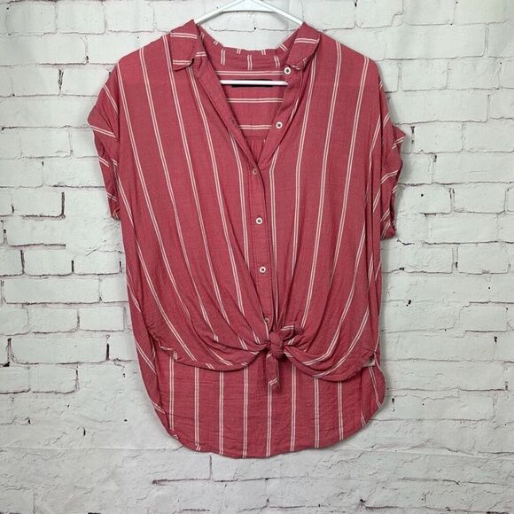 Abercrombie & Fitch Shirt Womens Small Top Button Up Striped Tie Knot Hem Pink - Picture 1 of 8
